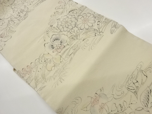 Nagoya obi with hand-painted flowers and running water pattern on crepe de chine